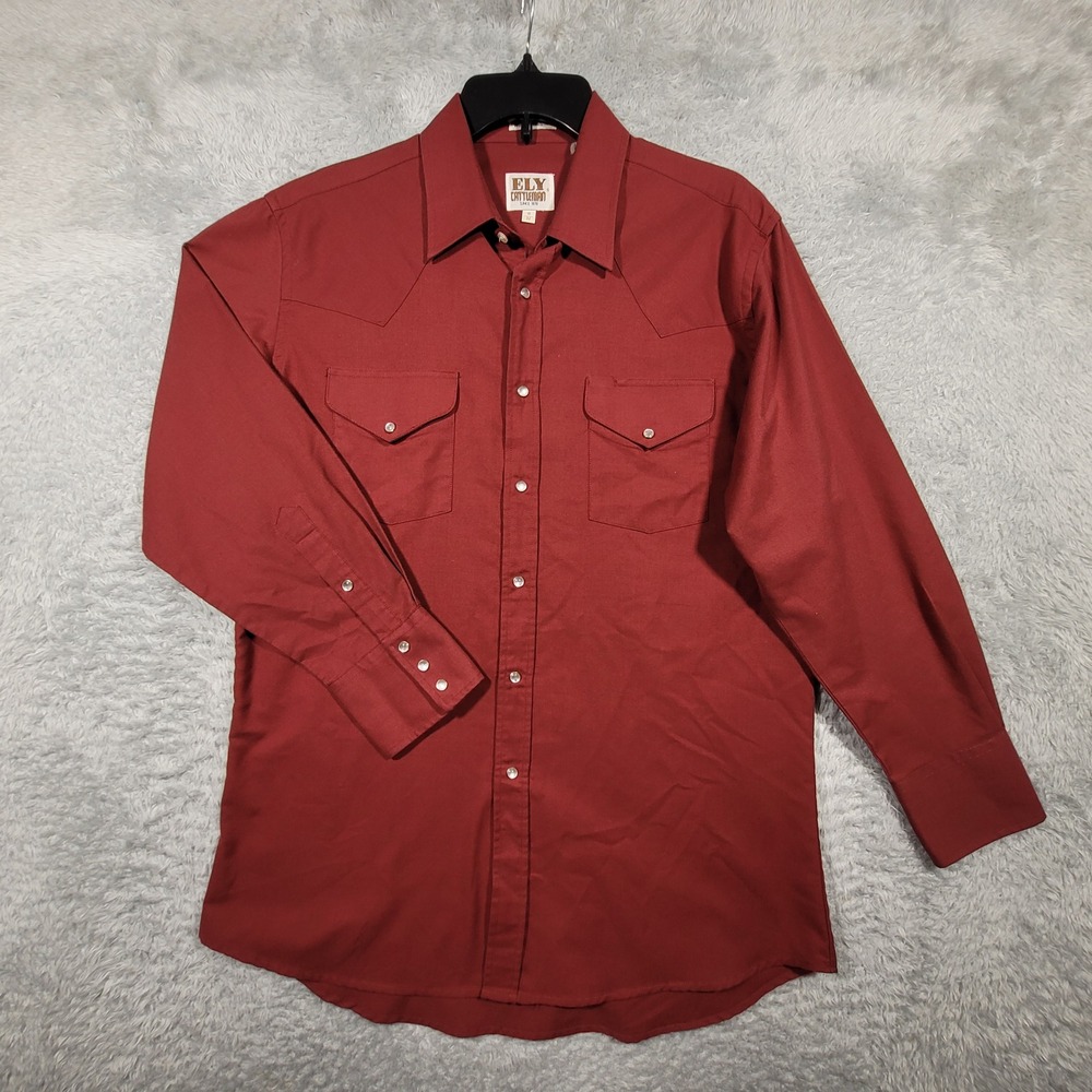 Ely Cattlman Pearl Snap Shirt Mens 16 32 L Western Maroon Long Sleeve